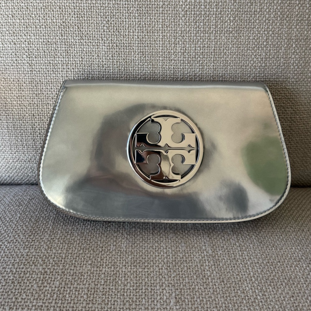 Tory Hurch Reva Metallic Silver clutch with chain